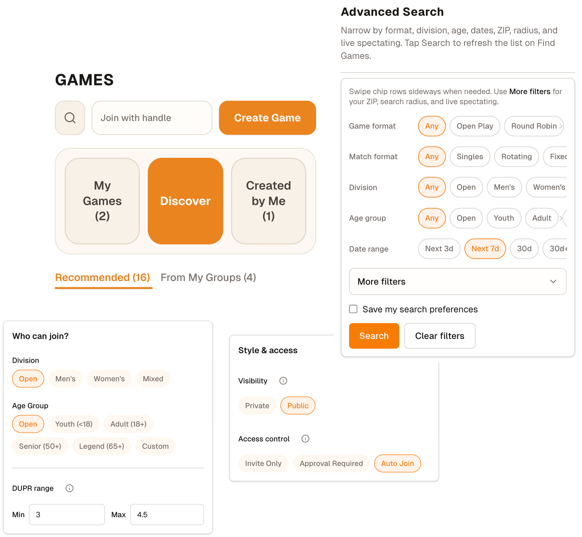 DinkFox discovery and filters: level, format, division, time, and location.