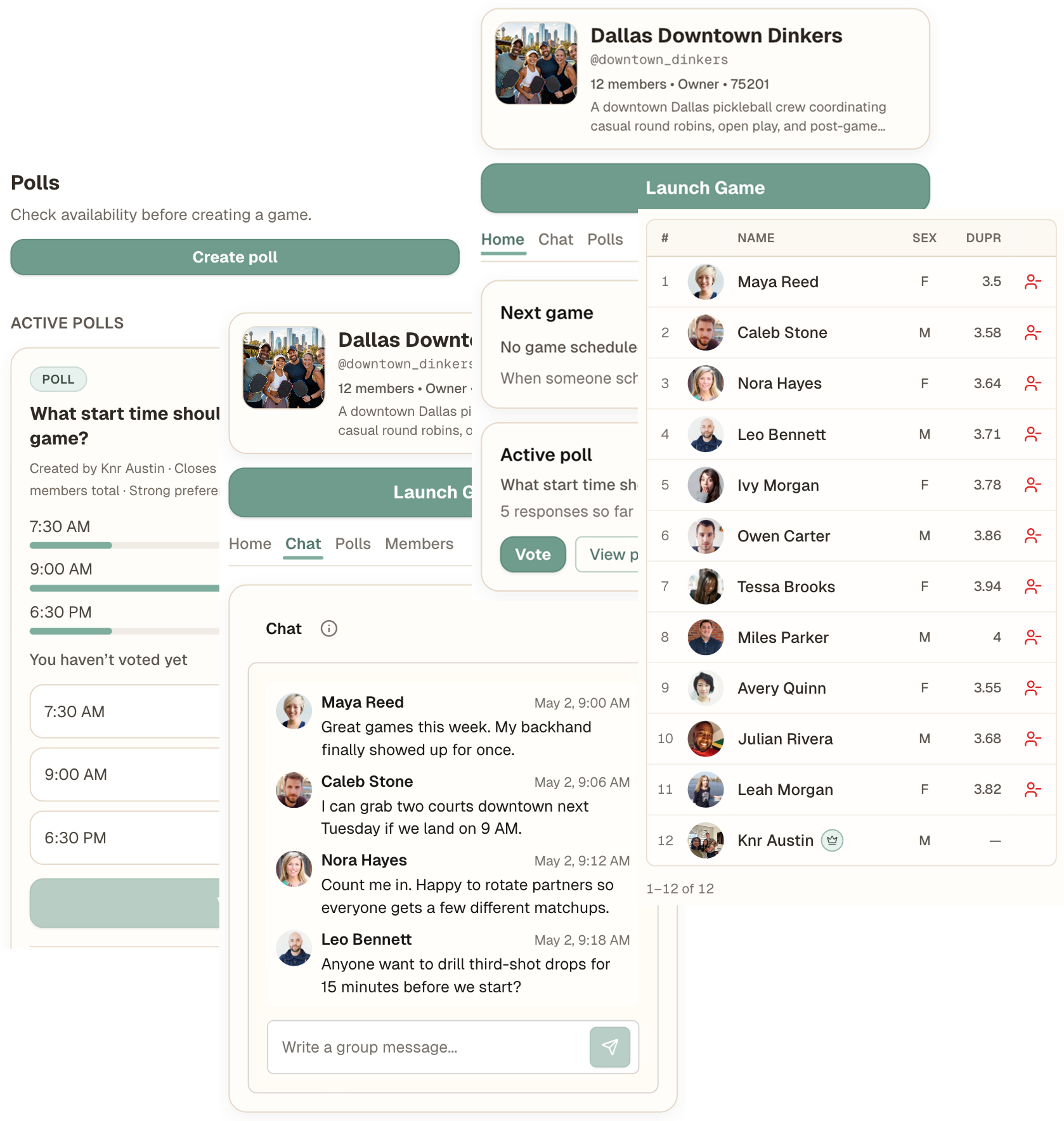 DinkFox groups: chat, polls, and members in one place.